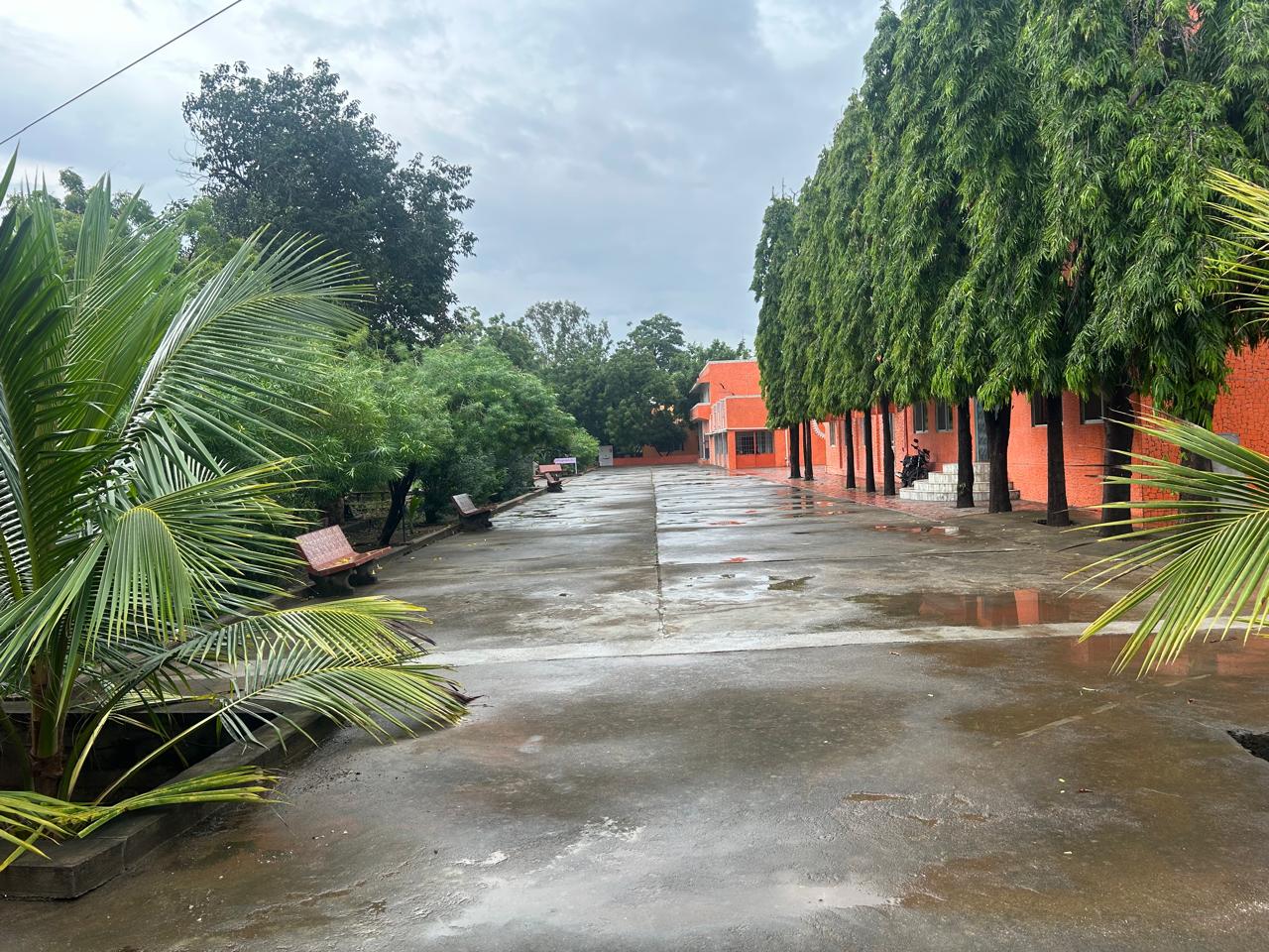 Wide paved area in ashram grounds